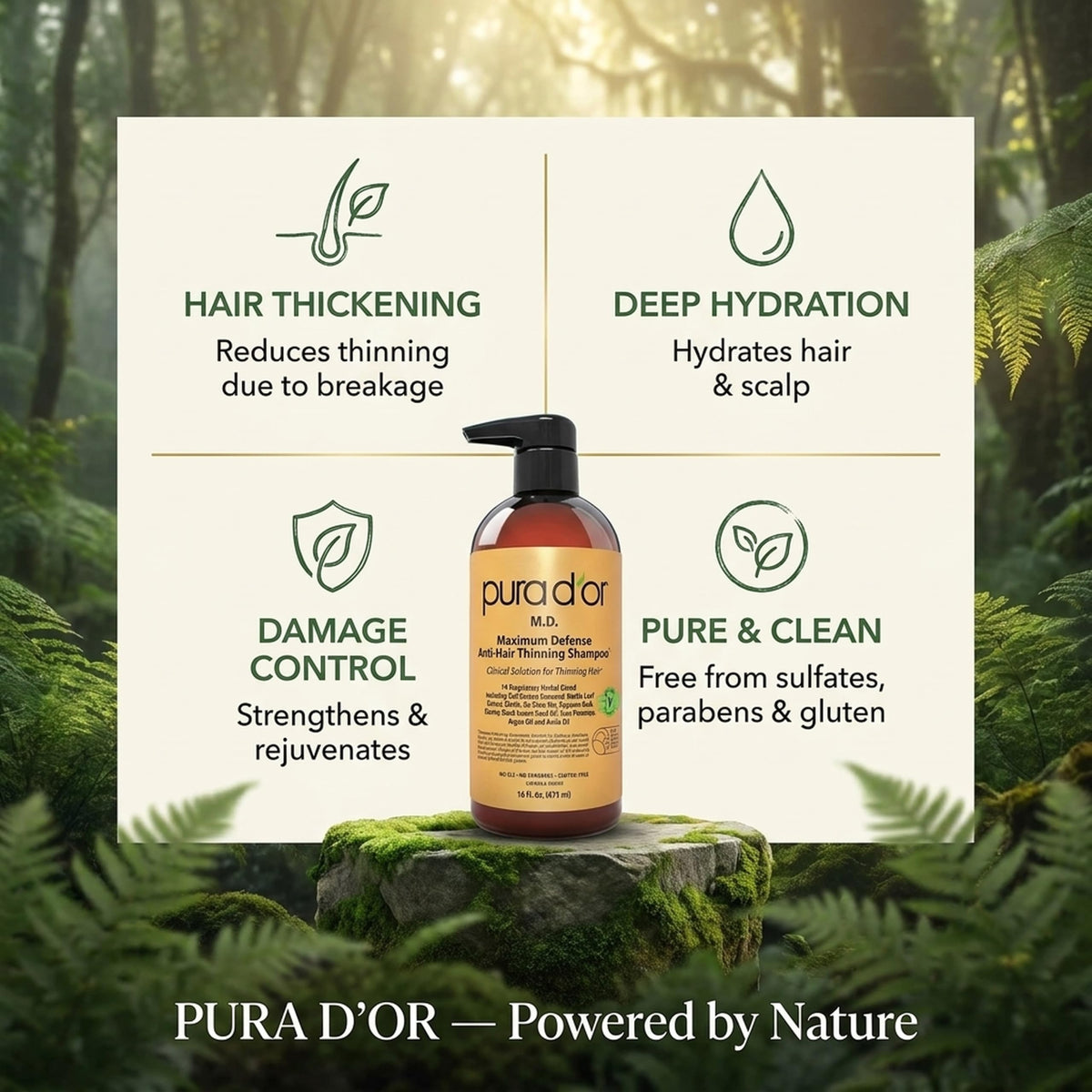 PURA D'OR herbal ingredients display illustrating natural extract support