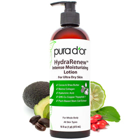 PURA D'OR lotion front label showing product name and 16 oz size for clear identification and trust