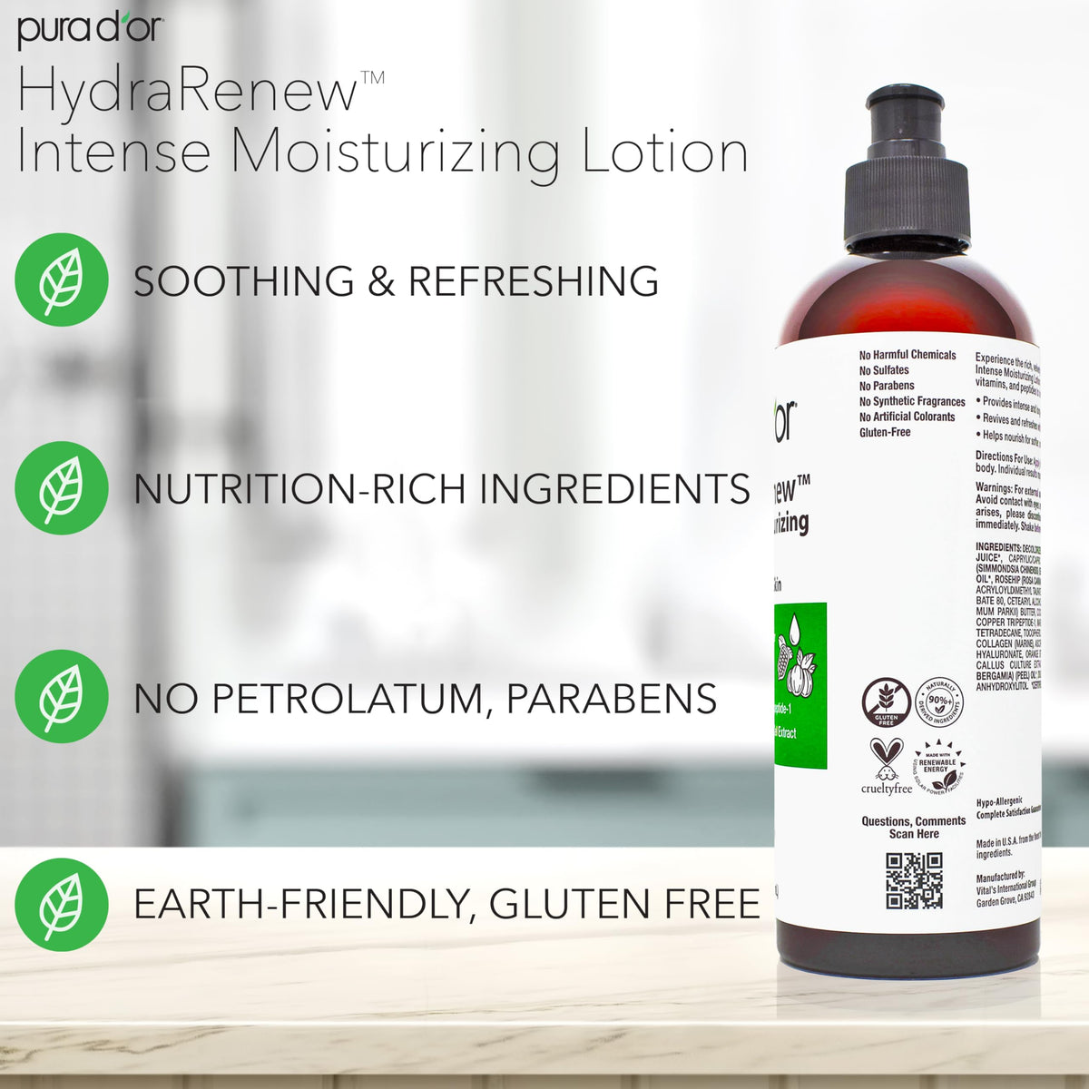 PURA D'OR ingredients label close-up displaying botanical and peptide blend for skin renewal