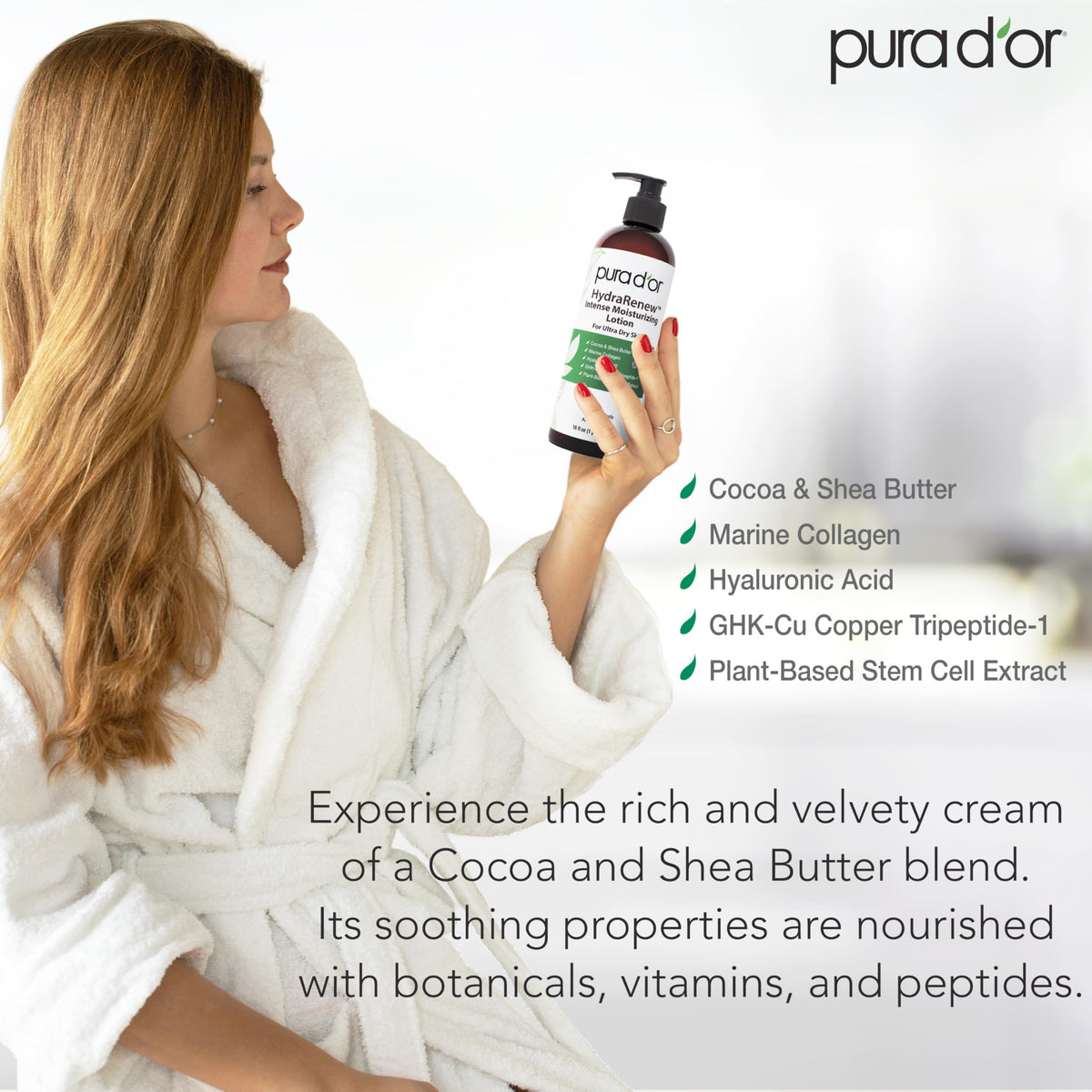 PURA D'OR bottle next to a common object showing 16 oz scale to visualize quantity and value
