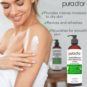 PURA D'OR lotion cream texture close-up highlighting rich, fast-absorbing hydration for smooth skin
