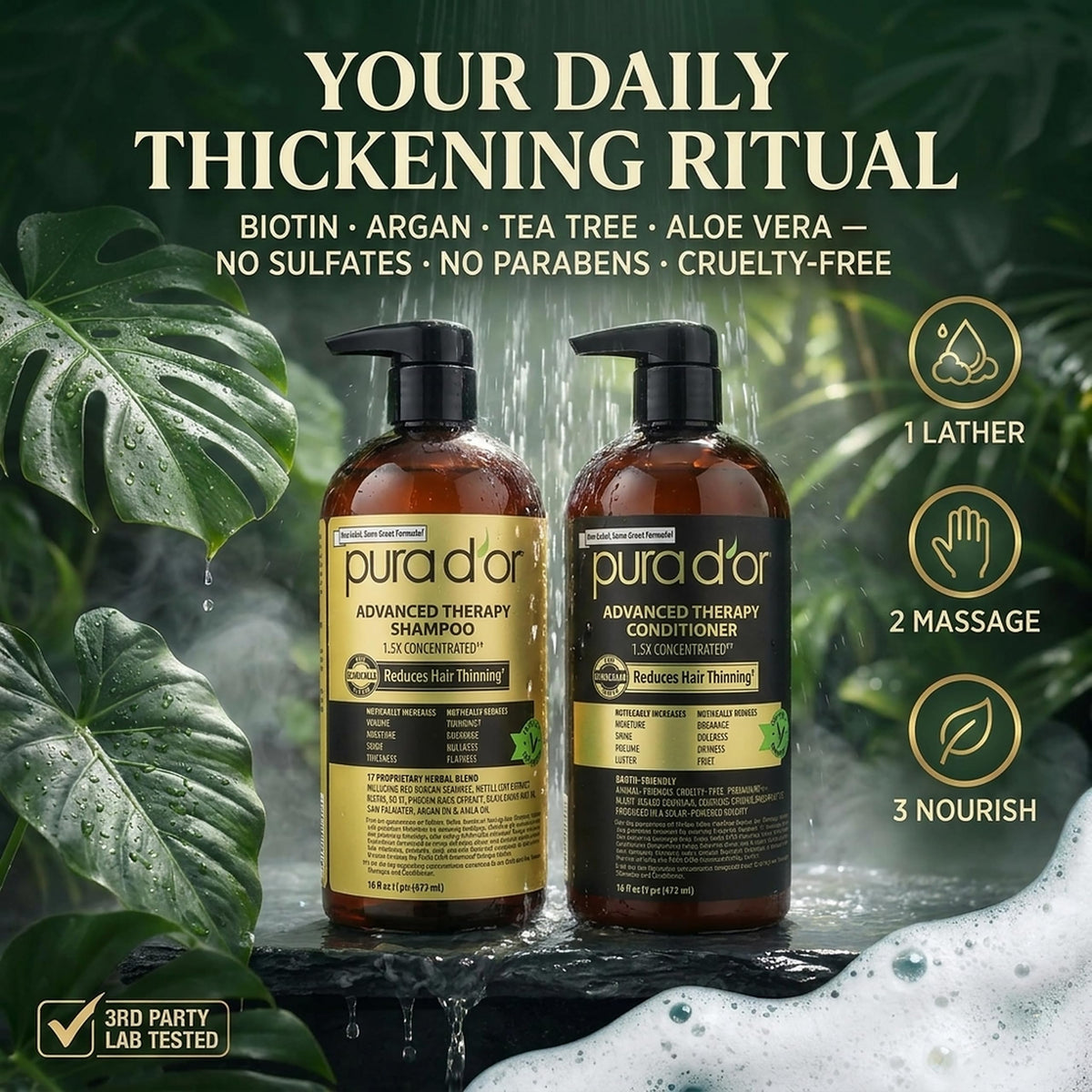 PURA D'OR in-shower use showing easy rinse and daily routine benefit