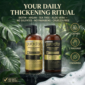 PURA D'OR in-shower use showing easy rinse and daily routine benefit