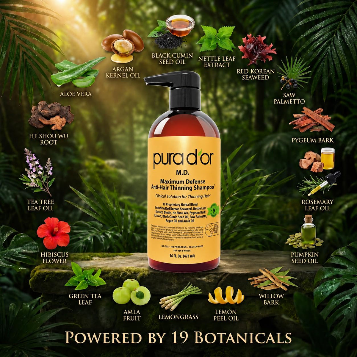 PURA D'OR shampoo in shower showing easy rinse and multi-use benefit