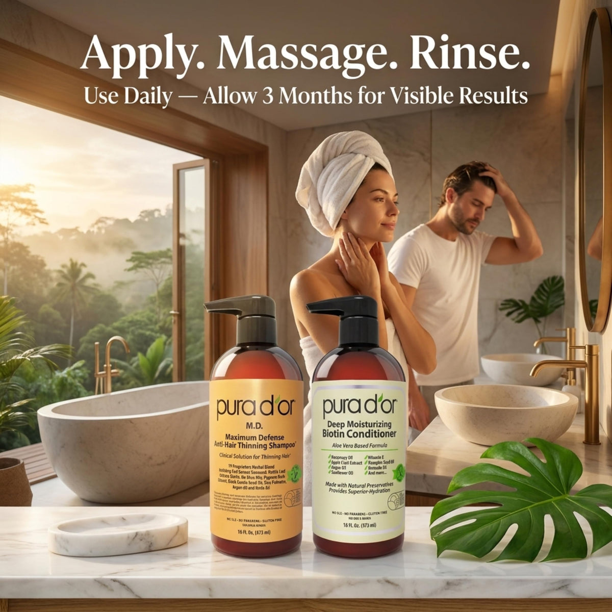 PURA D'OR in-shower use demonstrating scalp massage and improved manageability