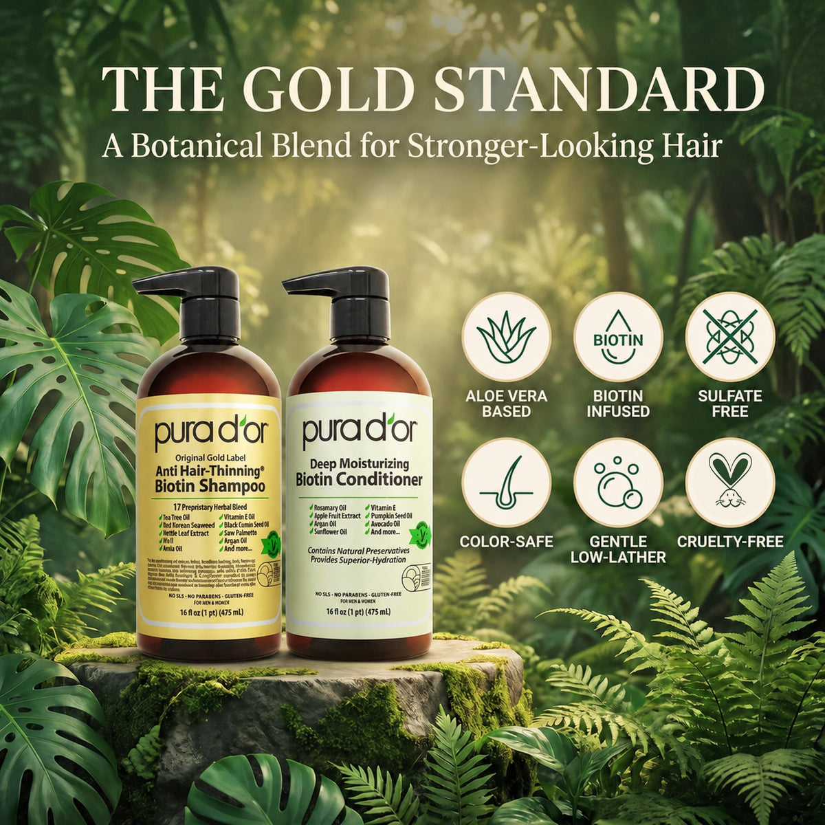 PURA D'OR botanical ingredients flatlay showing natural support