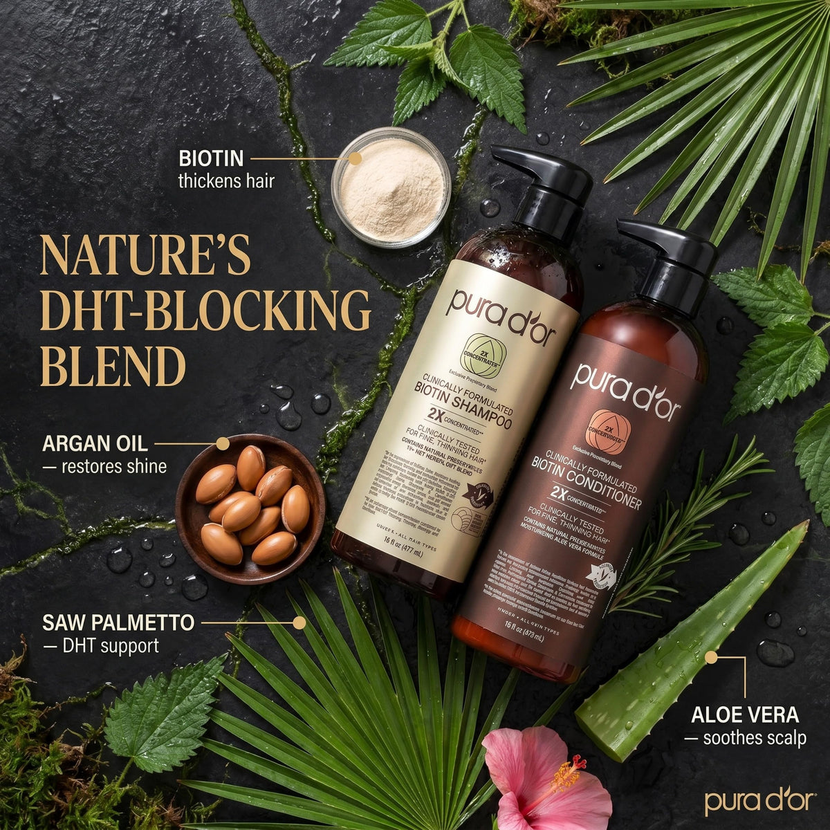 PURA D'OR assortment of botanicals used in formula showing natural ingredient benefit