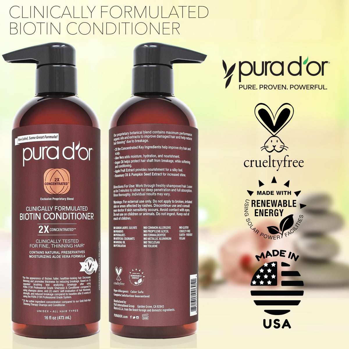 PURA D'OR ingredients label showing botanical extract benefits