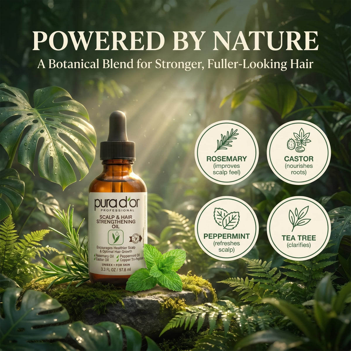 PURA D'OR rosemary, castor and peppermint ingredients for scalp care