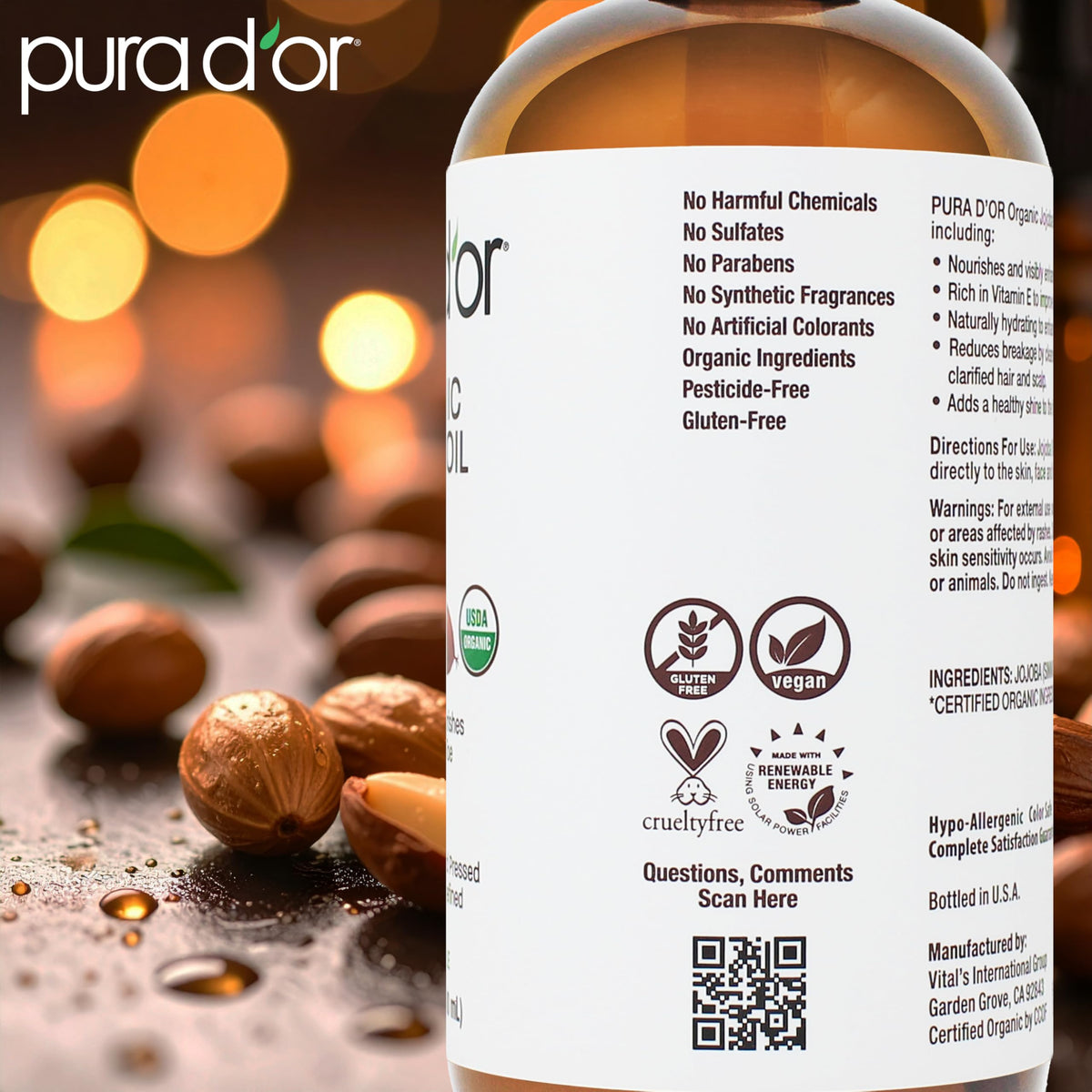 PURA D'OR oil applied to hair ends illustrating smoothness and frizz control