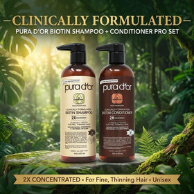 PURA D'OR label close-up highlighting double-concentrated ingredients and benefits