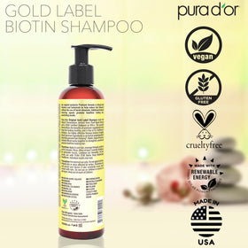 PURA D'OR bottle staged in bathroom lifestyle setting for everyday hair care benefit
