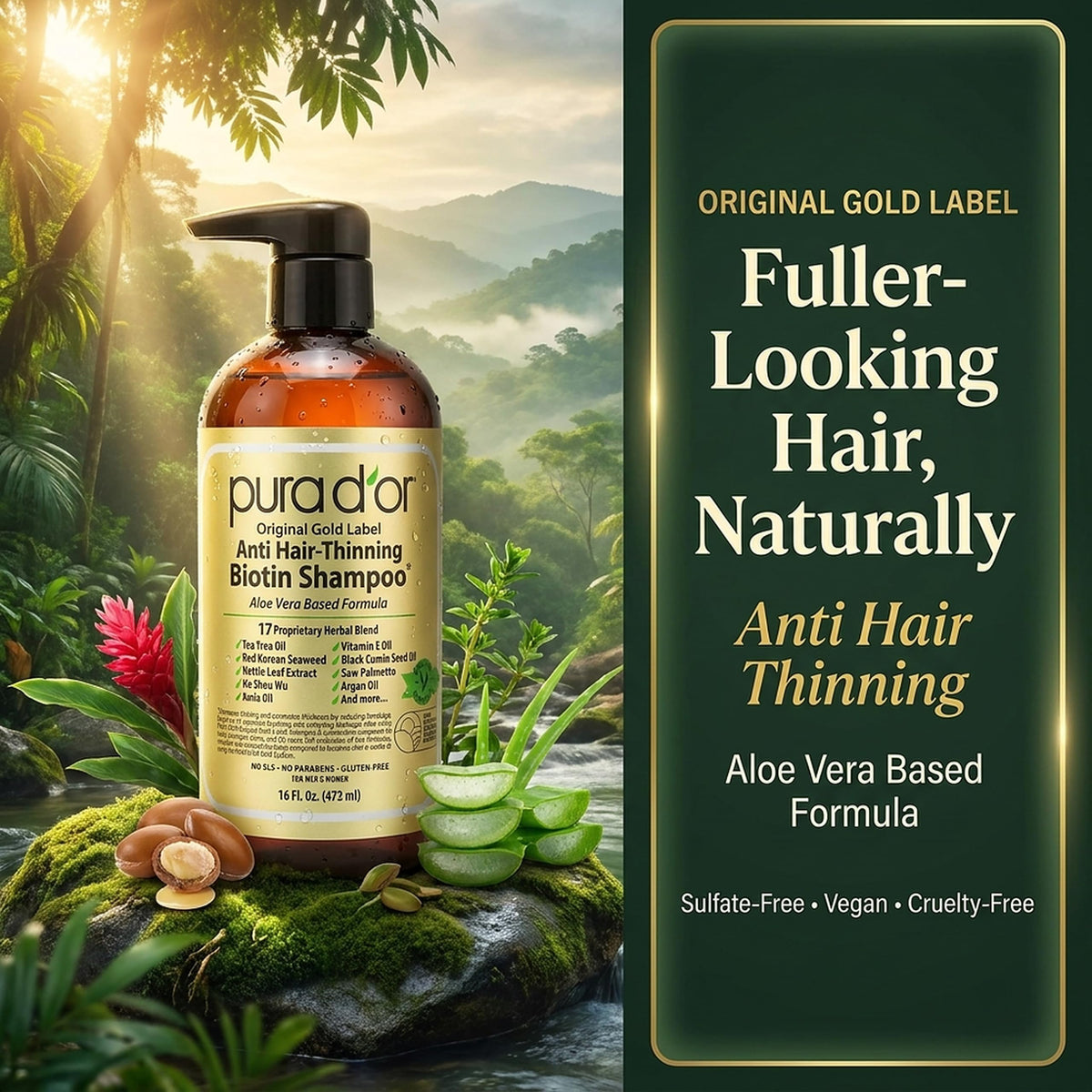 PURA D'OR bottle staged in bathroom for a refined daily hair routine