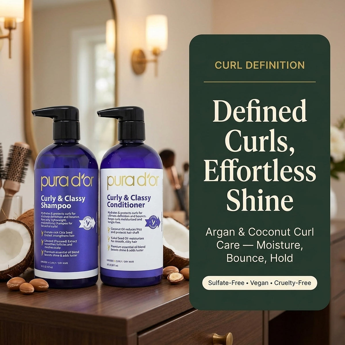 PURA D'OR set on bathroom shelf styled in a lifestyle setting for routine appeal