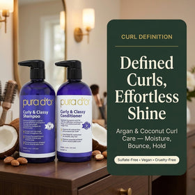 PURA D'OR set on bathroom shelf styled in a lifestyle setting for routine appeal