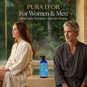 PURA D'OR bottle on bathroom shelf in lifestyle setting suggesting daily routine and freshness