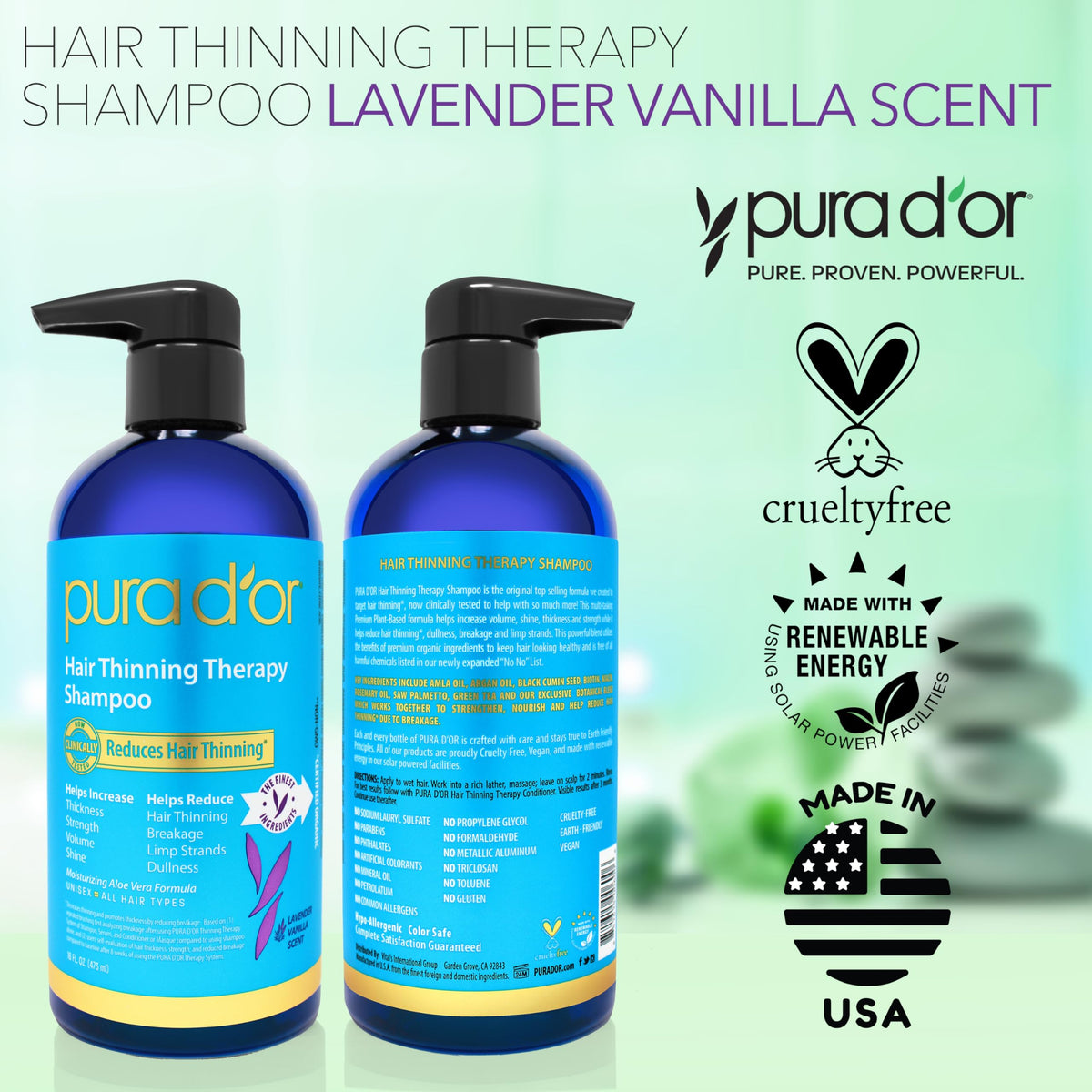 PURA D'OR bottle on a bathroom shelf showing everyday styling convenience