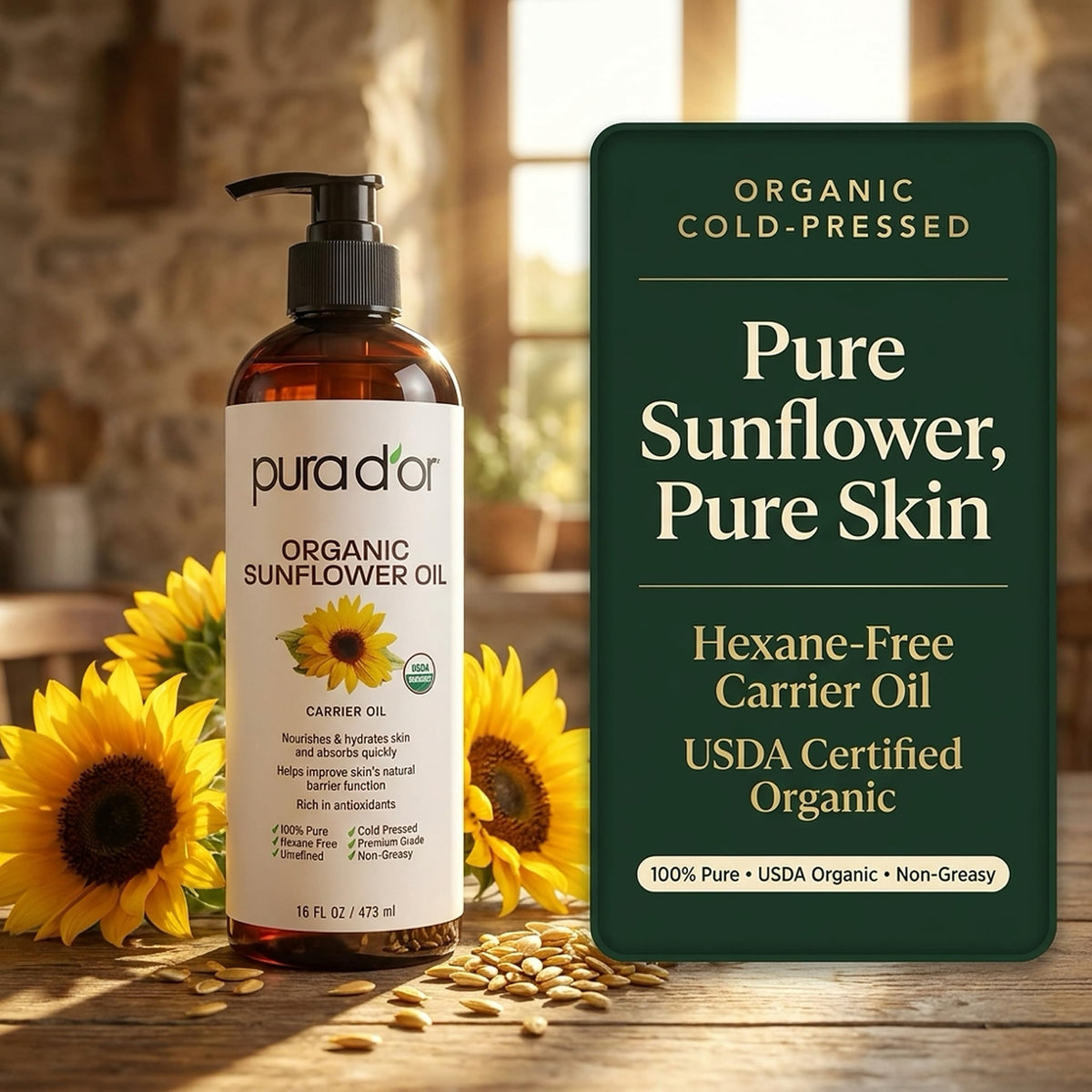 PURA D'OR bottle on bathroom vanity lifestyle scene for everyday routine