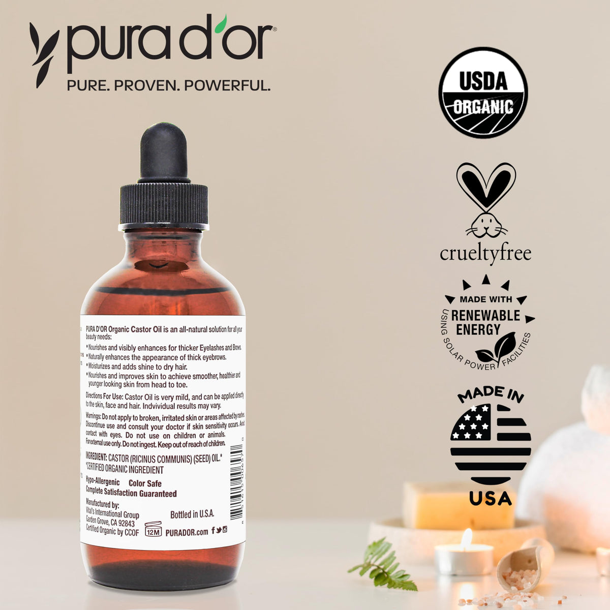 PURA D'OR bottle on bathroom vanity in lifestyle scene promoting daily self-care use