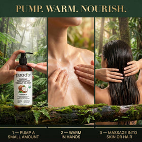 PURA D'OR bottle on bathroom vanity in lifestyle setting for daily ritual benefit