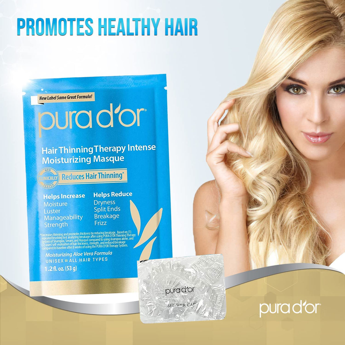 PURA D'OR single-use masque packet opened next to conditioning cap benefit convenience
