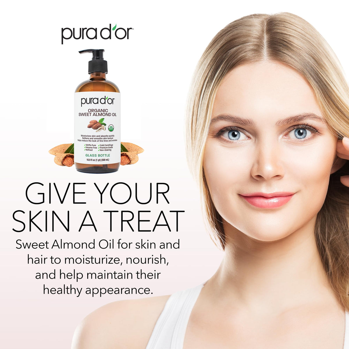 PURA D'OR oil being poured into hand for moisturizing benefit