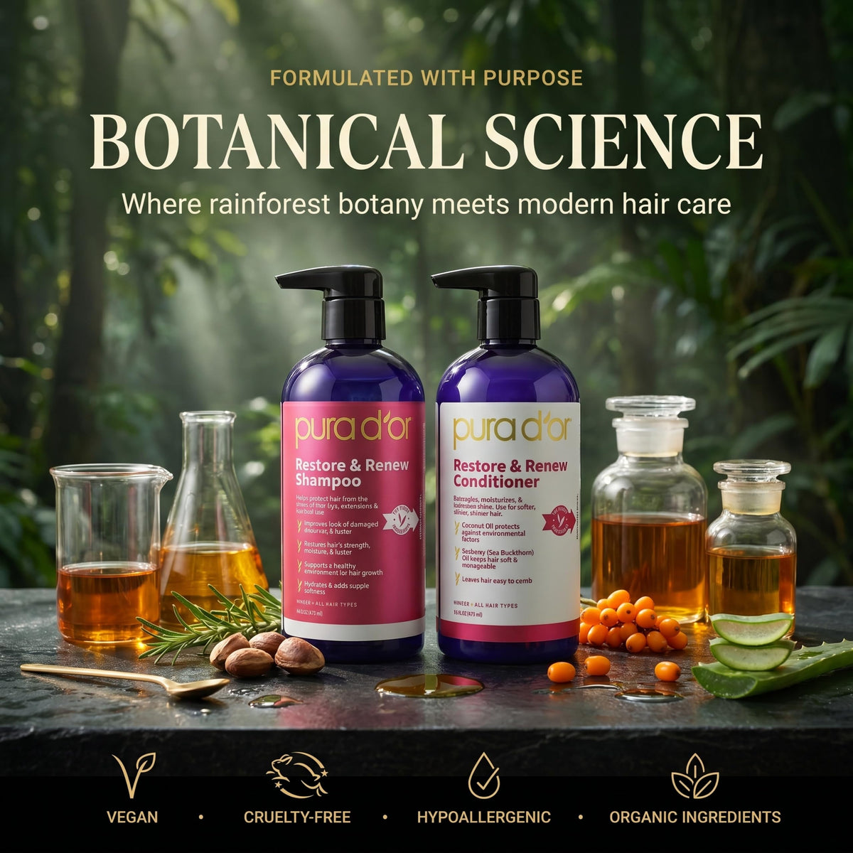 PURA D'OR key oils and botanicals flatlay emphasizing natural nourishment