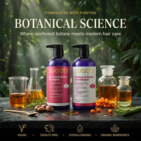 PURA D'OR key oils and botanicals flatlay emphasizing natural nourishment