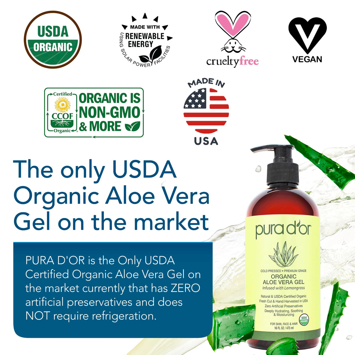 PURA D'OR open cap revealing clear gel texture for quick absorption