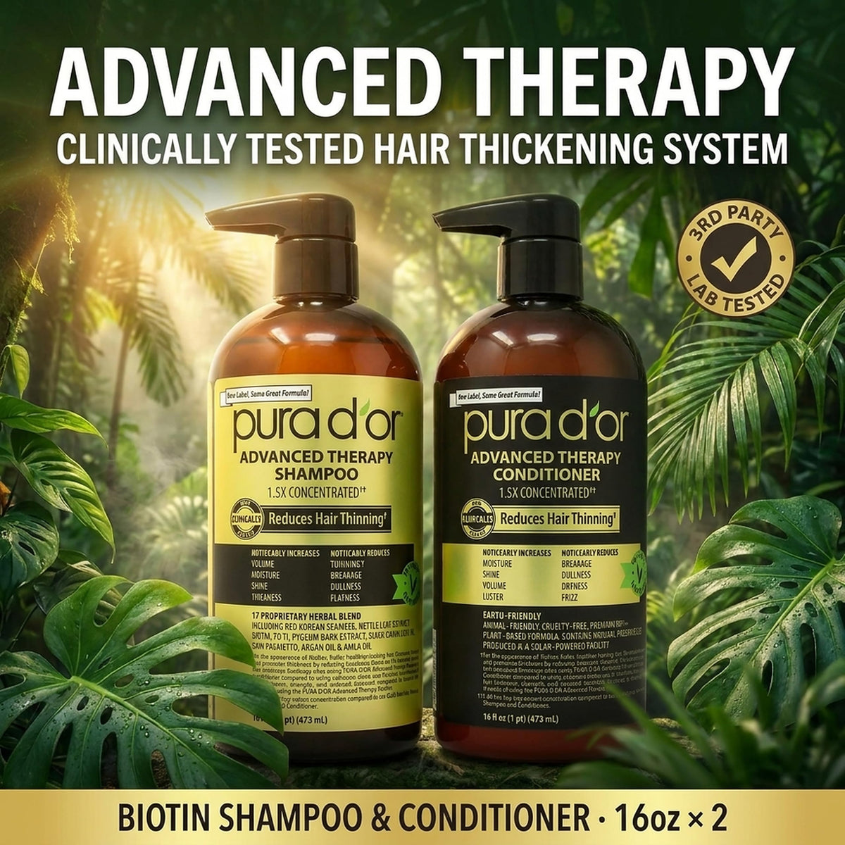 PURA D'OR shampoo running from open cap demonstrating lather
