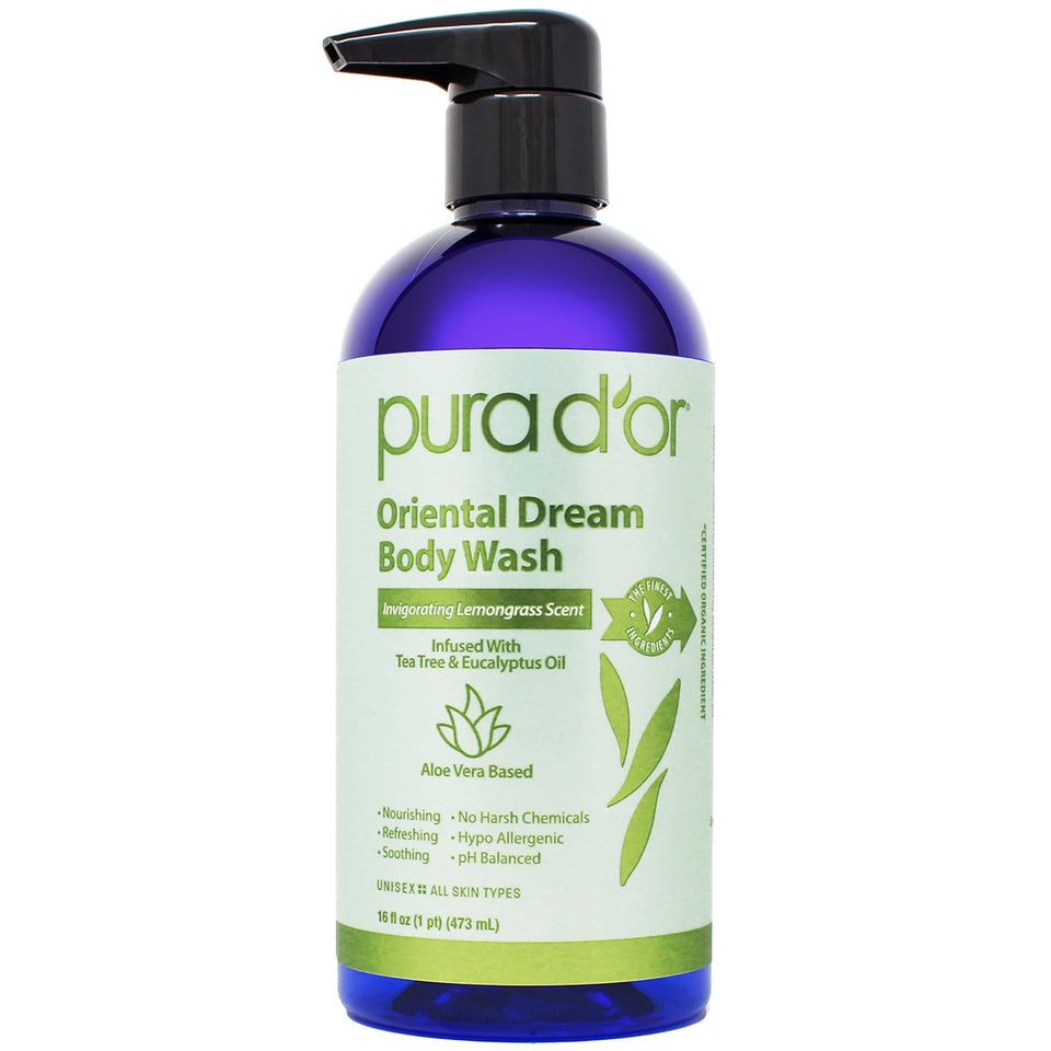 PURA D'OR bottle front label showing lemongrass scent and benefits