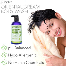 PURA D'OR bottle placed on shower shelf demonstrating everyday use