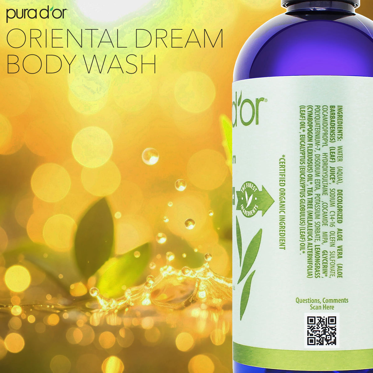 PURA D'OR 16 oz bottle beside a towel to show true size