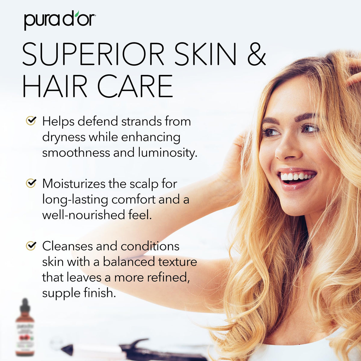 PURA D'OR pour and texture close-up illustrating smooth oil and easy absorption