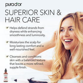 PURA D'OR pour and texture close-up illustrating smooth oil and easy absorption