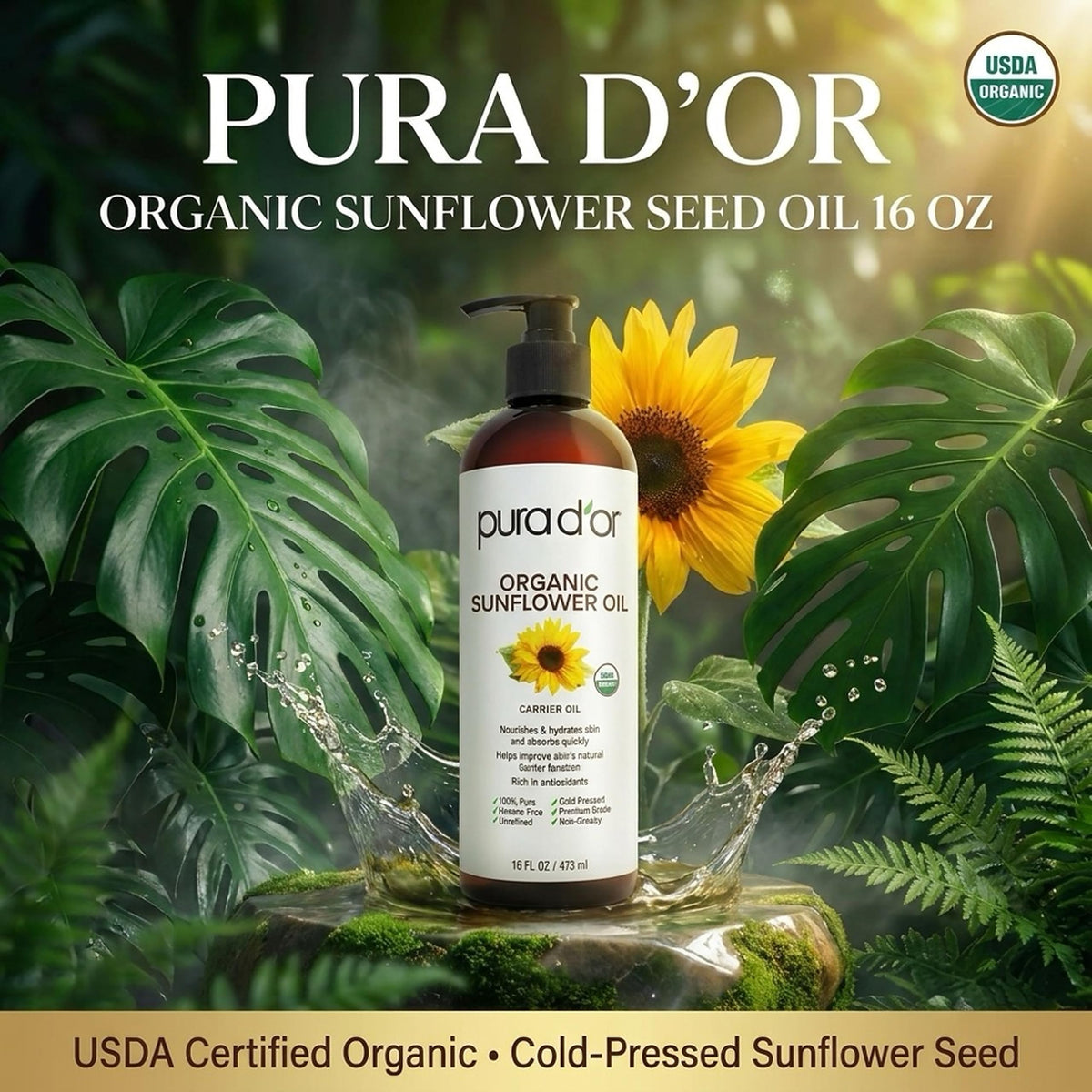 PURA D'OR pouring oil close-up showing silky texture for smooth application