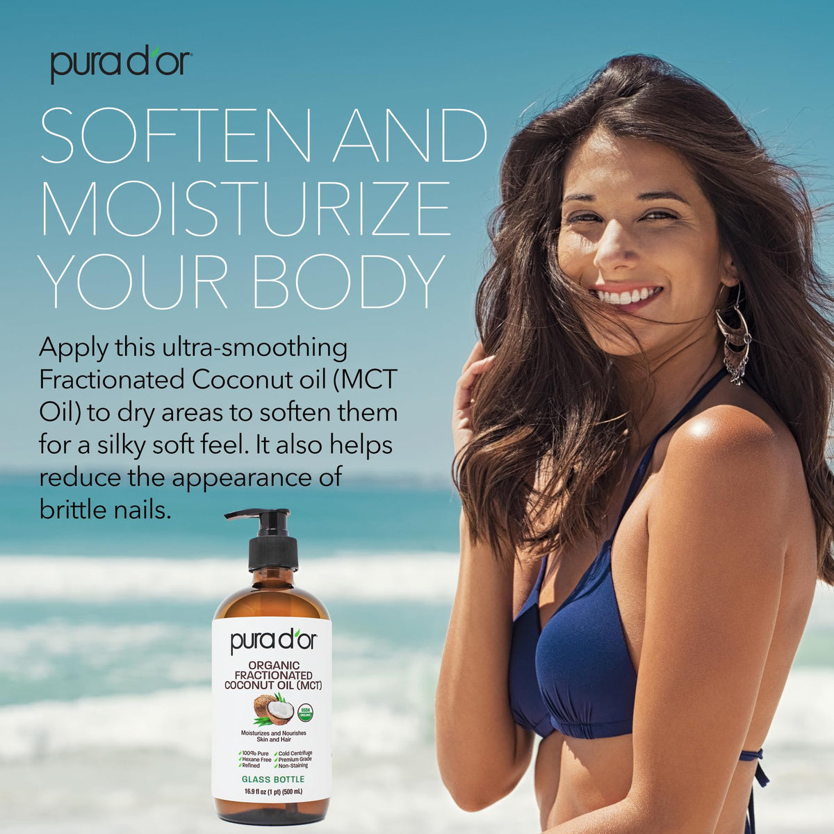 PURA D'OR pouring oil into hand to demonstrate easy controlled application