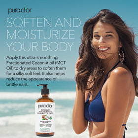 PURA D'OR pouring oil into hand to demonstrate easy controlled application