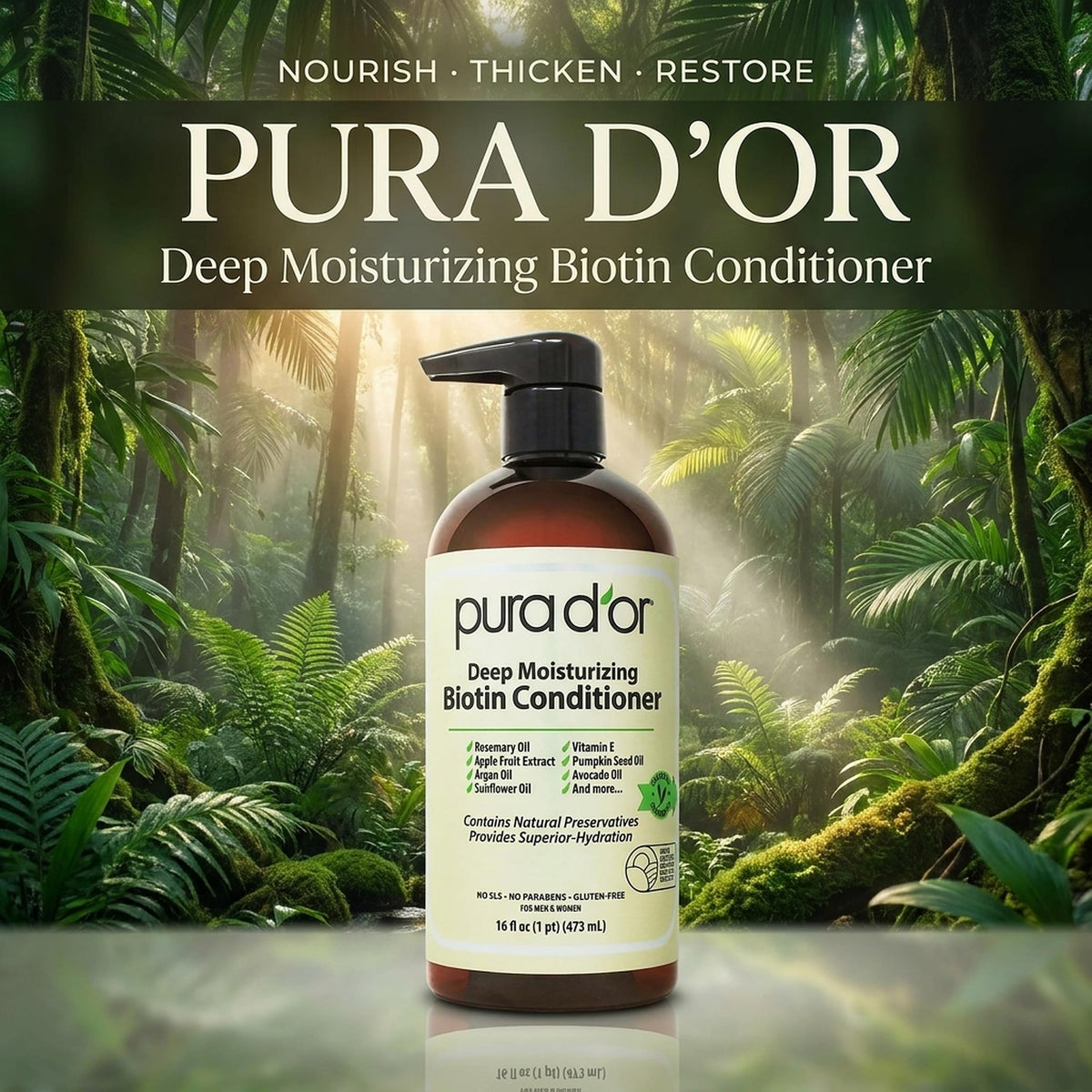 PURA D'OR pump dispenser closeup and label for easy application
