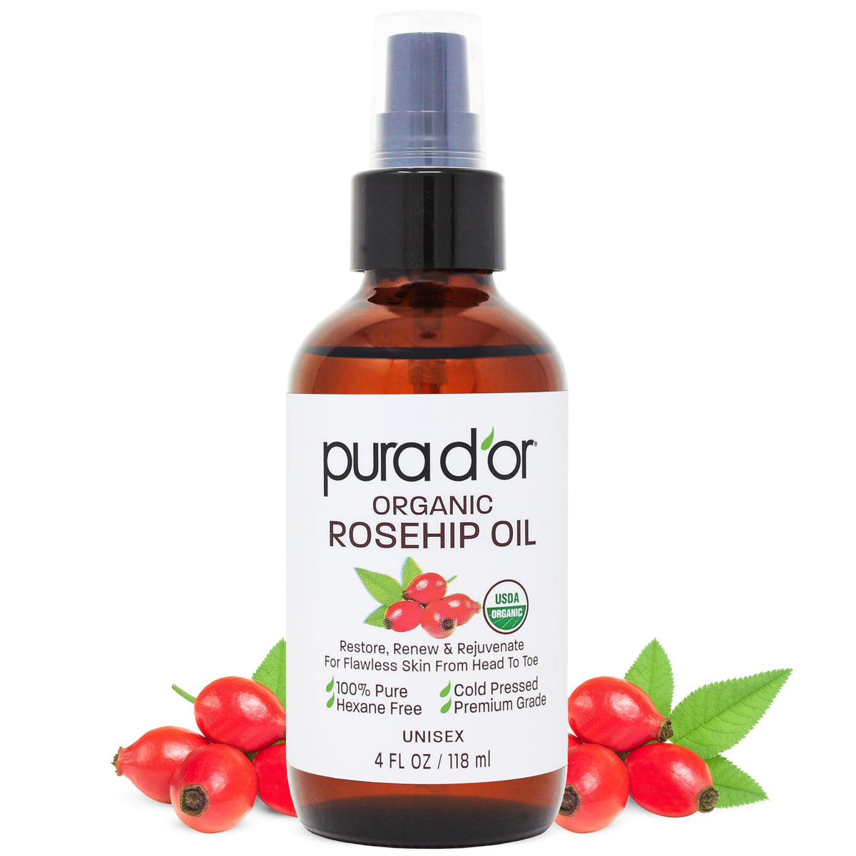 PURA D'OR front packaging showing glass pump bottle and label benefits