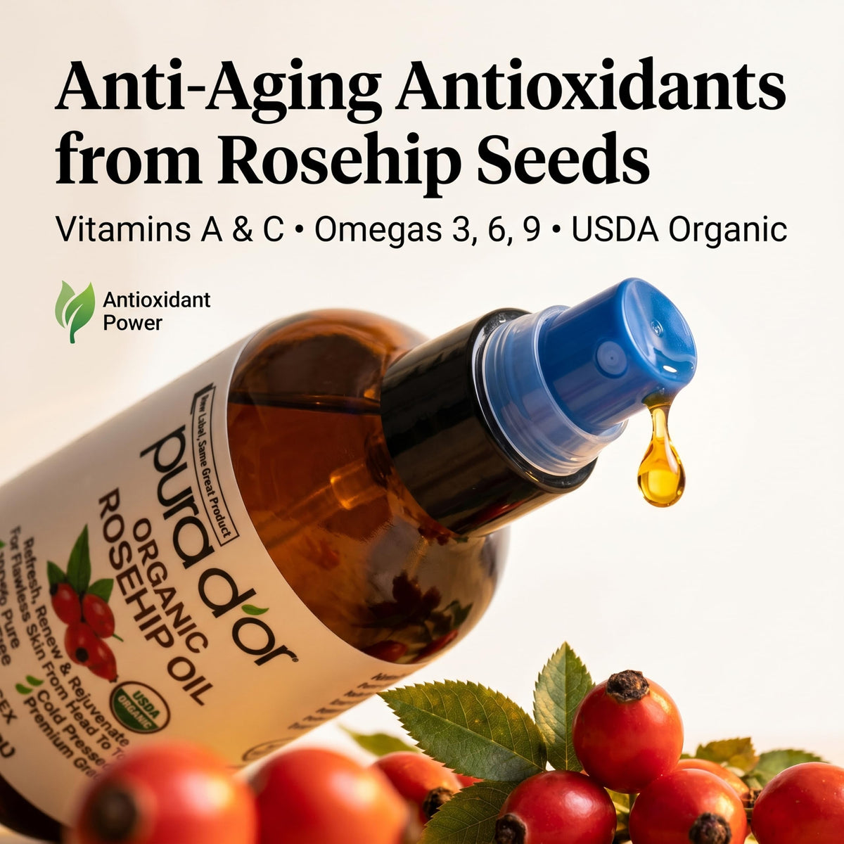 PURA D'OR rosehip seeds and rosehips indicating natural ingredient source