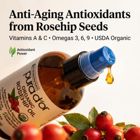 PURA D'OR rosehip seeds and rosehips indicating natural ingredient source