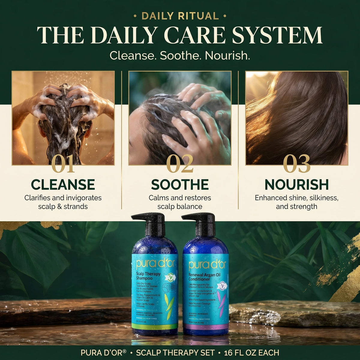 PURA D'OR scalp massage in use demonstrating gentle cleansing benefit