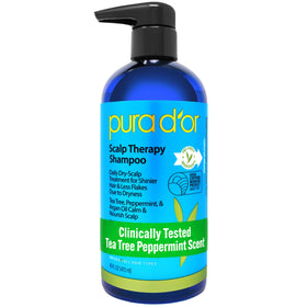 PURA D'OR front bottle showing label and 16 oz size for clear product ID and benefits