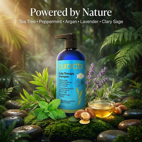 PURA D'OR botanical ingredients display with tea tree and peppermint demonstrating natural actives