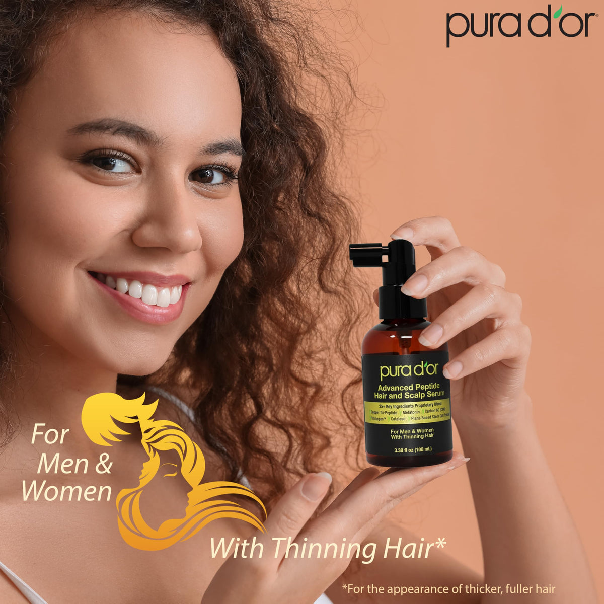 PURA D'OR bottle next to common object showing 3.3 oz size benefit