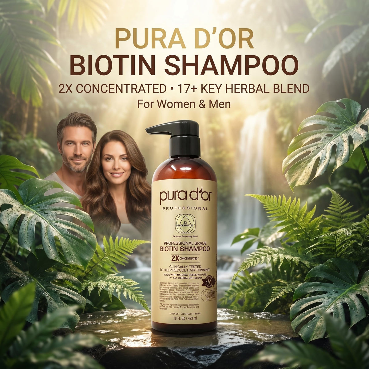 PURA D'OR shampoo pump and gel texture highlighting concentrated formula