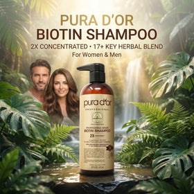 PURA D'OR shampoo pump and gel texture highlighting concentrated formula