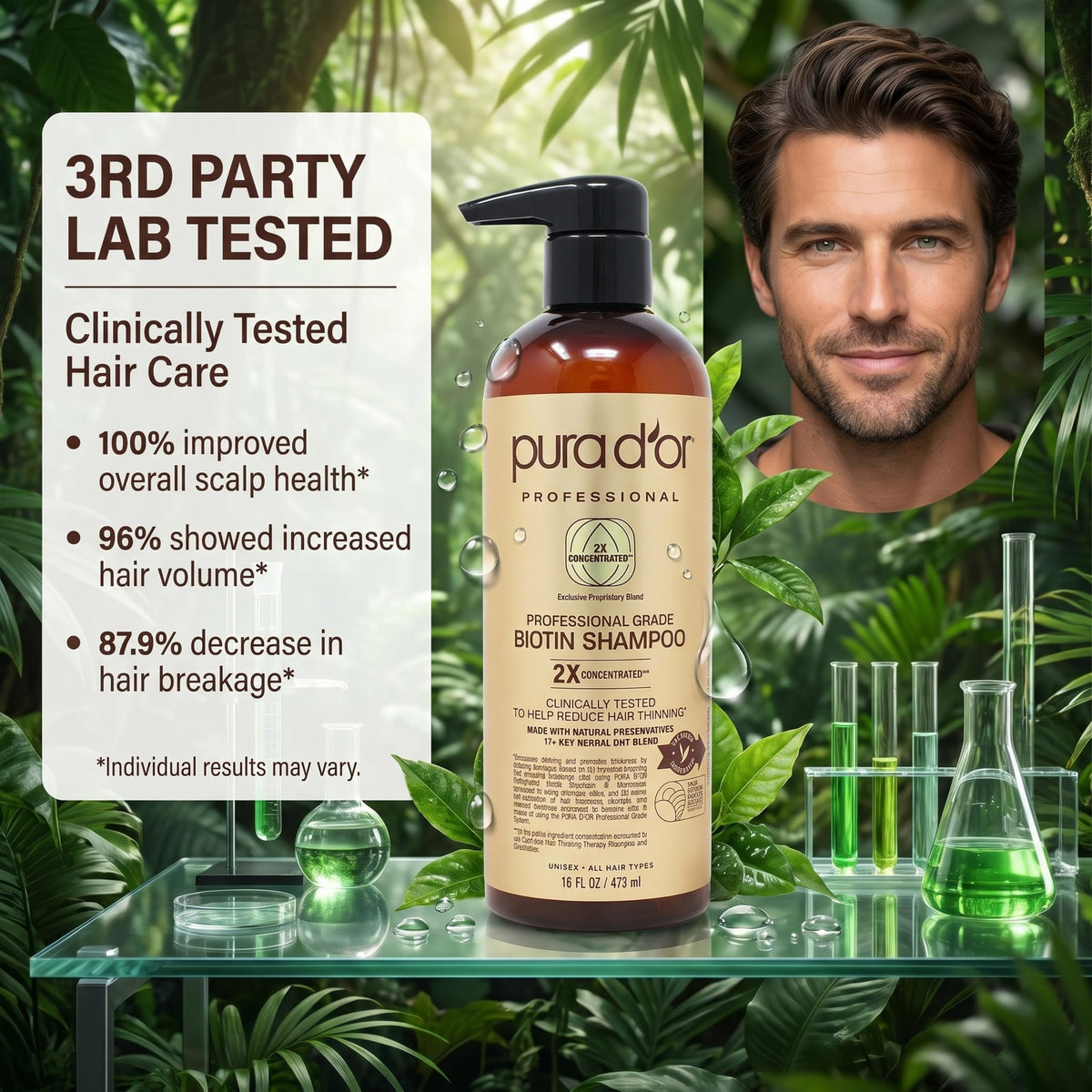 PURA D'OR bottle in hand to show 16 fl oz size and scale