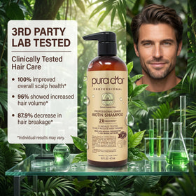 PURA D'OR bottle in hand to show 16 fl oz size and scale